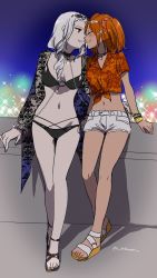 Rule 34 | 2girls, bare legs, bikini, carmilla (fate), carmilla (swimsuit rider) (fate), carmilla (swimsuit rider) (third ascension) (fate), choker, closed eyes, commentary request, copyright request, cross, cross choker, cross earrings, earrings, eyewear on head, fate/grand order, fate (series), floral print, fujimaru ritsuka (female), fujimaru ritsuka (female) (tropical summer), highres, imminent kiss, jacket, jewelry, multiple girls, necklace, official alternate costume, open clothes, open jacket, orange hair, pearl necklace, red eyes, sandals, sekihara umina, shirt, short shorts, shorts, sunglasses, swimsuit, tied shirt, tropical summer (fate), twitter username, white hair, yuri