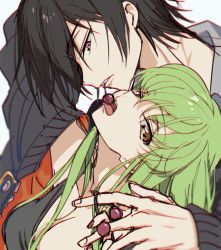 Rule 34 | 1boy, 1girl, arm up, black hair, breasts, brown eyes, c.c., cherry, cleavage, code geass, collarbone, creayus, food, fruit, green hair, height difference, holding, holding food, lelouch vi britannia, long hair, long sleeves, looking at viewer, looking down, medium breasts, mouth hold, open mouth, parted lips, purple eyes, short hair, tank top, tongue, tongue out, upper body