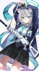 Rule 34 | 1girl, :/, absurdres, animal ear fluff, animal ears, aqua eyes, aqua necktie, arms up, assault rifle, black skirt, blue archive, blue jacket, breast pocket, collared shirt, crossed bangs, feet out of frame, gloves, grey hair, gun, halo, highres, jacket, long sleeves, looking at viewer, medium hair, mismatched pupils, necktie, nik ibi, open clothes, open jacket, plaid, plaid skirt, pleated skirt, pocket, rifle, shiroko (blue archive), shirt, shirt tucked in, sig sauer 556, single glove, skirt, solo, weapon, white shirt, wolf ears