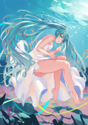Rule 34 | 1girl, absurdres, aqua eyes, aqua hair, bare legs, bare shoulders, barefoot, coral, dress, fish, floating, floating hair, hair between eyes, hatsune miku, highres, invisible chair, leaning forward, long hair, looking at viewer, nekoma0116, sitting, sleeveless, sleeveless dress, solo, thighs, toes, twintails, underwater, very long hair, vocaloid, white dress