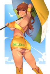 Rule 34 | 0regano, 1girl, armpits, ass, blue eyes, blush, breasts, brown hair, crown, female focus, from behind, gluteal fold, highres, holding, holding umbrella, large breasts, legs, long hair, looking back, mario (series), nintendo, open mouth, panties, panty peek, princess daisy, race queen, sideboob, skirt, solo, sportswear, standing, super mario land, tan, thighs, umbrella, underboob, underwear, yellow skirt