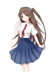 Rule 34 | 1girl, :d, absurdres, brown eyes, brown hair, glasses, hair bobbles, hair ornament, highres, kazakiri hyouka, long hair, looking at viewer, necktie, official art, open mouth, pleated skirt, school uniform, side ponytail, simple background, skirt, smile, solo, toaru majutsu no index, uchi no hime-sama ga ichiban kawaii, very long hair, white background, yon (letter)
