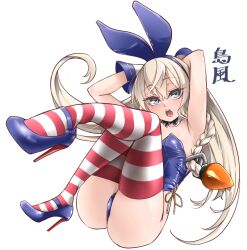 Rule 34 | 1girl, alternate costume, alternate hairstyle, animal ears, arms behind head, black bow, black bowtie, blonde hair, blue footwear, blue leotard, bow, bowtie, braid, breasts, chestnut mouth, detached collar, fake animal ears, full body, gloves, grey eyes, high heels, kantai collection, leotard, long hair, open mouth, playboy bunny, rabbit ears, revision, round teeth, shimakaze (kancolle), simple background, single braid, small breasts, solo, strapless, strapless leotard, striped clothes, striped thighhighs, teeth, thighhighs, tongue, udukikosuke, upper teeth only, white background, white gloves