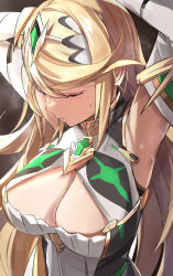 Rule 34 | bare shoulders, blonde hair, breasts, chest jewel, cleavage, cleavage cutout, clothing cutout, dress, earrings, elbow gloves, gem, gloves, headpiece, highres, jewelry, large breasts, long hair, mythra (xenoblade), short dress, solo, swept bangs, tiara, tomas (kaosu22), very long hair, white dress, white gloves, xenoblade chronicles (series), xenoblade chronicles 2