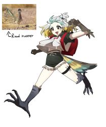 Rule 34 | 1girl, :3, absurdres, animal, animal feet, animal hands, backpack, bag, bird, bird legs, bird tail, black hoodie, black nails, black shorts, blonde hair, colored sclera, dolphin shorts, fang, feathers, fingernails, full body, gomulgong, gradient hair, green hair, grey hair, grey sclera, hand up, harpy, highres, hood, hoodie, leg up, midriff peek, monster girl, multicolored hair, nail polish, open mouth, original, personification, pony (animal), ponytail, red bag, running, sharp fingernails, short ponytail, short sleeves, shorts, simple background, solo, streaked hair, tail, talons, thigh strap, white background, white hoodie, yellow eyes