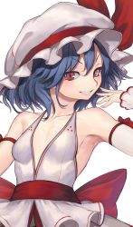 Rule 34 | 1girl, alternate costume, blue hair, dress, hat, looking at viewer, mob cap, red eyes, remilia scarlet, ribbon, short hair, simple background, slit pupils, smile, solo, sudako (dai011305), touhou, white background, white hat