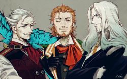 Rule 34 | 3boys, asukasuka, beard, black gloves, brown hair, bug, butterfly, facial hair, fate/apocrypha, fate/grand order, fate (series), gloves, gradient hair, grey background, insect, james moriarty (archer) (fate), long hair, looking at viewer, male focus, multicolored hair, multiple boys, mustache, one eye closed, pale skin, short hair, simple background, smile, trait connection, upper body, vest, vlad iii (fate/apocrypha), white hair, william shakespeare (fate)