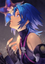 Rule 34 | 1girl, aqua (kingdom hearts), bare shoulders, blue eyes, blue hair, detached sleeves, fingerless gloves, fingernails, from side, gloves, grey gloves, hungry clicker, kingdom hearts, kingdom hearts birth by sleep, light particles, lips, parted lips, pink lips, short hair, solo, spiked hair, turtleneck