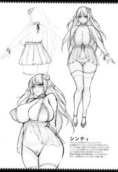 Rule 34 | 1girl, absurdres, arm at side, bar censor, blush, bottomless, breasts, camisole, censored, character name, closed mouth, concept art, elf, flower, full body, greyscale, hair flower, hair ornament, hairband, highres, huge breasts, legs together, long hair, looking at viewer, monochrome, multiple views, navel, nipples, nude, original, pointy ears, shinti (usagi nagomu), shoes, standing, tears, thighhighs, translation request, usagi nagomu