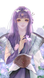 Rule 34 | 1girl, absurdres, asymmetrical sleeves, bug, butterfly, flower, hair flower, hair ornament, hair rings, hand up, highres, insect, long hair, looking at viewer, needle, purple hair, qinshi mingyue, shao siming (qin shi ming yue), shao siming zhuye, smile, solo, upper body, veil, white background