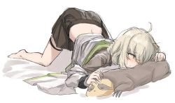 Rule 34 | 1girl, ahoge, animal, arknights, black skirt, blonde hair, commentary, embarrassed, full body, hair over one eye, highres, jacket, korean commentary, polyvora, scene (arknights), short hair, simple background, sketch, skirt, sloth (animal), solo, thigh strap, top-down bottom-up, white background, white jacket, yellow eyes