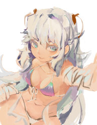 Rule 34 | 1girl, absurdres, alternate costume, arm up, armpits, bare shoulders, bikini, blue eyes, breasts, cleavage, girls&#039; frontline, hair between eyes, highres, intravenous drip, long hair, looking at viewer, medium breasts, messy hair, navel, off shoulder, parted lips, ribeyrolles (girls&#039; frontline), shirt, sidelocks, silver hair, simple background, sitting, smile, solo, stomach, swimsuit, thighs, very long hair, wavy hair, white background, yi ping jiangyou jun