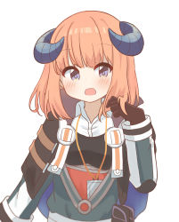 Rule 34 | 1girl, absurdres, alternate hairstyle, arknights, bagpipe (arknights), blue eyes, blush, capelet, dragon girl, dragon horns, gloves, highres, horns, long sleeves, open mouth, ryoku sui, short hair, simple background, solo, upper body, white background