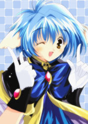Rule 34 | 00s, 1girl, animal ears, blue hair, bow, galaxy angel, gloves, mint blancmanche, one eye closed, open mouth, puffy sleeves, short hair, solo, uniform, wink, yellow eyes