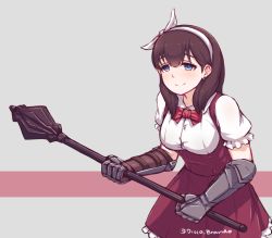 Rule 34 | 1girl, blue eyes, brown hair, commentary, disco brando, earrings, gauntlets, hairband, holding, holding weapon, idolmaster, jewelry, long hair, mace, puffy short sleeves, puffy sleeves, sakuma mayu, short sleeves, simple background, smile, solo, twitter username, weapon