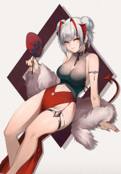 Rule 34 | 1girl, absurdres, alternate costume, alternate hairstyle, arknights, arm support, black shirt, breasts, cleavage, cleavage cutout, clothing cutout, commentary, demon girl, demon horns, demon tail, double bun, dress, feather boa, feet out of frame, grey hair, hair bun, hand fan, highres, holding, holding fan, horns, large breasts, looking at viewer, muta (csw), nail polish, no panties, reclining, red dress, red nails, shirt, short hair, simple background, solo, tail, thigh strap, thighs, w (arknights), white background, yellow eyes