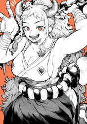 Rule 34 | 1girl, absurdres, armpits, bandaged fingers, bandages, breasts, cleavage, collarbone, greyscale, greyscale with colored background, highres, horns, large breasts, long hair, looking at viewer, monochrome, one piece, open mouth, orange background, orange eyes, rope, shimenawa, simple background, smile, solo, teeth, yamato (one piece), yotsumi shiro