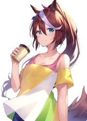 Rule 34 | 1girl, absurdres, animal ears, bare shoulders, blue eyes, blue pants, blush, brown hair, coffee mug, commentary request, cup, drinking straw, hair between eyes, hair ribbon, hand up, high ponytail, highres, holding, holding cup, horse ears, horse girl, horse tail, mug, multicolored hair, off-shoulder shirt, off shoulder, pants, pink ribbon, ponytail, ribbon, shirt, simple background, solo, streaked hair, striped clothes, striped shirt, tail, tokai teio (umamusume), umamusume, white background, white hair, yellow shirt, yuuki nao (pixiv10696483)