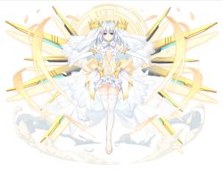 Rule 34 | 1girl, bare shoulders, blue eyes, bow, bowtie, breasts, cleavage cutout, clothing cutout, crown, date a live, dress, elbow gloves, expressionless, feathers, full body, gloves, highres, medium hair, parted lips, sela (08180074), silver hair, small breasts, solo, thighhighs, tobiichi origami, veil, white dress, white gloves, white thighhighs