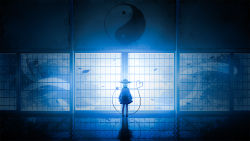 Rule 34 | 1girl, black hat, blue theme, commentary request, dark, endlesscat, facing away, full body, hat, hat ribbon, heart, heart of string, highres, indoors, komeiji koishi, long sleeves, orb, reflection, ribbon, scenery, screen, short hair, skirt, sleeves past fingers, sleeves past wrists, solo, tagme, third eye, touhou, wavy hair, wide shot, yin yang, yin yang orb