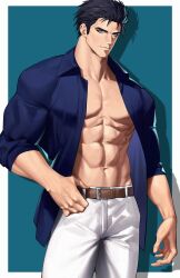 Rule 34 | 1boy, absurdres, belt, black hair, blue eyes, blue skirt, closed mouth, collarbone, commission, emo37337640, highres, looking at viewer, male focus, muscular, muscular male, navel, open clothes, open shirt, original, pants, short hair, skirt, solo, white pants