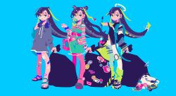 Rule 34 | 3girls, belt, black hair, blue background, bow, decora, dress, earrings, flat color, full body, green dress, grey hoodie, halo, headphones, headphones around neck, highres, hood, hoodie, jewelry, long hair, looking at viewer, mechanical halo, multiple earrings, multiple girls, no lineart, original, pink belt, pink bow, ponsuke kaikai, shirt, simple background, sleeveless, sleeveless dress, standing, sticker on face, striped clothes, striped shirt, variations, very long hair