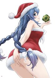 Rule 34 | 1girl, ass, blue eyes, bow, braid, christmas, christmas present, closed mouth, covering ass, covering privates, dress, from behind, fur-trimmed dress, fur-trimmed headwear, fur trim, gift, hair bow, hat, highres, long hair, mushoku tensei, nao suke, red dress, red hat, roxy migurdia, santa dress, santa hat, simple background, solo, twin braids, white background, white bow