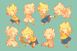 Rule 34 | &gt; &lt;, 1boy, arms up, blonde hair, blue background, blue shorts, blush stickers, brown footwear, chibi, dot nose, hitofutarai, holding, holding stick, kicking, lucas (mother 3), male focus, mother (game), mother 3, multiple views, nintendo, open mouth, shirt, short hair, shorts, sitting, socks, solid oval eyes, stick, striped clothes, striped shirt, white socks, yellow shirt