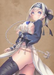 Rule 34 | 1girl, ainu clothes, anchor symbol, ass, bandaged leg, bandages, black legwear, blue eyes, blush, breasts, brown background, chain, closed mouth, cowboy shot, from below, from side, hair rings, hane yoshiyumi, headband, highres, kamoi (kancolle), kantai collection, large breasts, legs apart, lips, long sleeves, looking at viewer, looking to the side, panties, pelvic curtain, sash, shade, short hair with long locks, side-tie panties, sideboob, sidelocks, silver hair, simple background, solo, standing, tabard, tareme, tassel, thighs, underbust, underwear, white panties