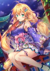 Rule 34 | 1girl, ahoge, arm support, azur lane, blonde hair, blue footwear, blue kimono, blurry, blurry background, blush, braid, breasts, bridge, detached sleeves, floral print, folding fan, gold trim, green eyes, hair ornament, hand fan, high heels, holding, holding fan, japanese clothes, kimono, large breasts, le temeraire (azur lane), light particles, long hair, looking at viewer, low-tied long hair, night, obi, pumps, riichu, sash, short kimono, sitting, smile, solo, thigh strap, twin braids, very long hair, wide sleeves