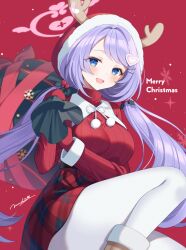 Rule 34 | 1girl, blue archive, christmas, commentary, commentary request, english commentary, fur-trimmed hood, fur trim, gloves, hair intakes, halo, hanae (blue archive), hanae (christmas) (blue archive), heart halo, holding, holding sack, hood, knee up, looking at viewer, low twintails, myusha, official alternate costume, official alternate hairstyle, pantyhose, parted bangs, pink halo, purple eyes, purple hair, red background, red gloves, red headwear, red hood, red sweater, ribbed sweater, sack, solo, sweater, twintails, white pantyhose