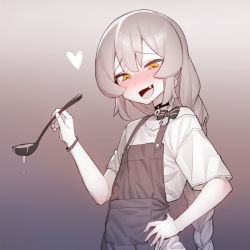 Rule 34 | 1boy, apron, blush, bow, braid, fang, gradient background, hair bow, hand on own hip, heart, holding, holding ladle, ikr (artist), ladle, long hair, looking at viewer, male focus, open mouth, shirt, solo, spot color, tongkkangi, tongkkangi (streamer), trap, upper body, virtual youtuber, yellow eyes