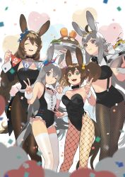 Rule 34 | 2023, 4girls, :3, ^ ^, ahoge, alternate animal ears, alternate costume, animal ears, bare shoulders, black bow, black bowtie, black leotard, black shorts, blue eyes, blush, bow, bowtie, braid, braided ponytail, breasts, brown hair, brown pantyhose, carrot, center frills, chinese zodiac, cleavage, closed eyes, closed mouth, coattails, confetti, crown braid, detached collar, fishnet pantyhose, fishnets, food, frilled leotard, frills, green eyes, grey hair, groin, hair ornament, hairband, highres, holding, holding tray, horse girl, horse tail, inari one (umamusume), large breasts, leotard, long hair, looking at viewer, low ponytail, medium breasts, midriff, multiple girls, navel, nontraditional playboy bunny, oguri cap (umamusume), ok sign, open mouth, pantyhose, playboy bunny, rabbit ears, rongai rongai, scrunchie, shirt, short shorts, shorts, signature, smile, standing, super creek (umamusume), suspender shorts, suspenders, tail, tamamo cross (umamusume), thighhighs, tray, twintails, umamusume, v, w, white shirt, white thighhighs, wrist cuffs, wrist scrunchie, year of the rabbit