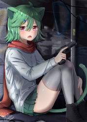 Rule 34 | 1girl, :o, animal ears, artist name, bad id, bad pixiv id, blurry, blurry background, blush, cat ears, cat tail, dated, fish hair ornament, glock, green hair, green skirt, grey thighhighs, gun, hair ornament, hairclip, hand on shin, handgun, highres, knees up, long sleeves, looking at viewer, michiru donut, original, outdoors, pleated skirt, red eyes, red scarf, scarf, shirt, shoes, short hair, sitting, skirt, solo, tail, thighhighs, weapon, white shirt, white thighhighs