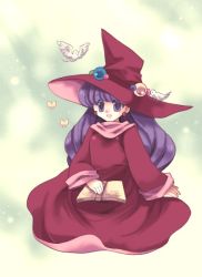 Rule 34 | 1girl, bad id, bad pixiv id, bird, book, bug, butterfly, dress, earrings, full body, green background, hat, insect, jewelry, long hair, minaduki mm, minazuki (mm), monster maker, purple eyes, purple hair, rufia (monster maker), sitting, smile, solo, witch, witch hat