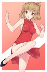 Rule 34 | 10s, 1girl, :o, alternate costume, bad id, bad pixiv id, bare arms, bare legs, bare shoulders, black footwear, blush, breasts, brown eyes, china dress, chinese clothes, dress, female focus, fighting stance, gradient background, groin, hair ornament, hairclip, hands up, legs, light brown hair, looking at viewer, medium breasts, neck, open mouth, outside border, panties, pantyshot, red background, red dress, senki zesshou symphogear, serious, shoes, short hair, sleeveless, sleeveless dress, solo, standing, standing on one leg, tachibana hibiki (symphogear), underwear, v-neck, v-shaped eyebrows, white panties, yoi naosuke