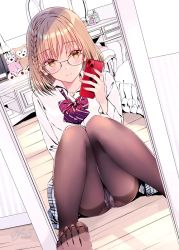 Rule 34 | 1girl, bed, bedroom, bespectacled, black pantyhose, blue skirt, bottle, bow, braid, cellphone, chest of drawers, computer, glasses, highres, holding, holding phone, indoors, kobayashi chisato, light brown hair, light smile, looking at mirror, mirror, monitor, on floor, original, panties, pantyhose, pantyshot, phone, plaid, plaid skirt, pleated skirt, purple bow, shirt, short hair, signature, single braid, sitting, skirt, smartphone, solo, striped, striped bow, stuffed animal, stuffed toy, table, teddy bear, two-tone bow, underwear, white shirt, yellow eyes