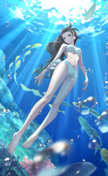 Rule 34 | 1girl, absurdres, barefoot, bikini, bow, breasts, brown hair, bubble, crazy ones, fish, from below, full body, green bikini, green bow, green eyes, highres, long hair, medium breasts, navel, official art, red hair, solo, su xiaoye, submerged, swimsuit, underwater, water