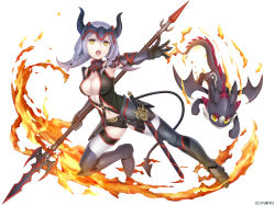 Rule 34 | 1girl, arm up, armor, armored oots, bare shoulders, belt, black belt, black shirt, black shorts, braid, breasts, buckle, center opening, cleavage, company name, dragon, dragon girl, dragon tail, fake horns, faulds, fire, flipped hair, forehead protector, full body, gauntlets, grey hair, hair between eyes, holding, holding polearm, holding spear, holding weapon, horned headwear, horns, large breasts, long hair, looking back, monmusu harem, monmusume-harem, monster girl, namaru (summer dandy), navel, o-ring, official art, open mouth, outstretched arm, outstretched hand, pale skin, pauldrons, polearm, scabbard, serious, sheath, sheathed, shirt, short shorts, shorts, shoulder armor, simple background, spear, spikes, sword, tail, thighhighs, twin braids, v-shaped eyebrows, v-shaped eyes, vambraces, weapon, white background, white thighhighs, yellow eyes