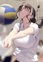 Rule 34 | 1girl, ball, black hair, blurry, blurry background, blush, breasts, closed eyes, closed mouth, commentary request, ear piercing, jonsun, large breasts, long hair, mami (jonsun), midriff peek, mole, mole under eye, original, own hands together, piercing, playing sports, riku (jonsun), shirt, short sleeves, solo focus, upper body, volleyball, volleyball (object), whistle, white shirt