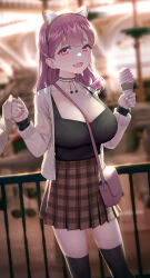 Rule 34 | 1girl, absurdres, animal ears, bag, between breasts, black shirt, black thighhighs, blurry, blurry background, breasts, brown skirt, cardigan, carrying bag, cat ears, commentary request, depth of field, fake animal ears, fang, hair ornament, handbag, highres, holding, holding hands, holding ice cream cone, ice cream cone, large breasts, long sleeves, looking at viewer, medium hair, mochirong, nail polish, open cardigan, open clothes, open mouth, original, outdoors, pink eyes, pink hair, pink nails, pleated skirt, shirt, shirt tucked in, skirt, solo focus, standing, strap between breasts, thighhighs, white cardigan, zettai ryouiki