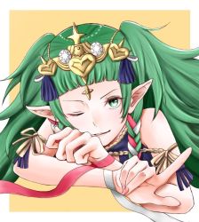 Rule 34 | 1girl, aplche, braid, fire emblem, fire emblem: three houses, green eyes, green hair, hair ornament, jewelry, long hair, looking at viewer, multicolored hair, nintendo, one eye closed, pointy ears, ribbon braid, side braid, simple background, smile, solo, sothis (fire emblem), tiara, twin braids