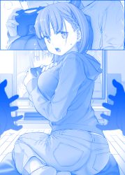 Rule 34 | 1boy, 3girls, ai-chan (tawawa), ass, blue theme, blush, braid, breasts, comic, controller, denim, dualshock, game console, game controller, gamepad, getsuyoubi no tawawa, himura kiseki, hood, hoodie, jeans, large breasts, monochrome, multiple girls, open mouth, pants, playstation 4, playstation controller, pocket, short hair, silent comic, sitting, speaker, stand, sweat, television, wooden floor