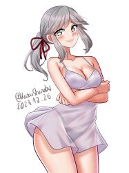Rule 34 | 1girl, absurdres, alternate breast size, black panties, breasts, brown eyes, cleavage, commentary, cowboy shot, crossed arms, dated, dress, english commentary, grey hair, hair ribbon, highres, kantai collection, katou shinobu, lips, long hair, medium breasts, one-hour drawing challenge, panties, red ribbon, ribbon, see-through, see-through dress, sidelocks, simple background, solo, twitter username, underwear, usugumo (kancolle), white background, white dress