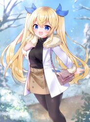 Rule 34 | 1girl, :d, absurdres, alternate costume, bag, bare tree, belt, black pantyhose, black sweater, blonde hair, blue eyes, blush, brown skirt, casual, coat, commission, fang, fur collar, goddess of victory: nikke, hair between eyes, handbag, highres, laplace (nikke), long hair, open clothes, open coat, open mouth, outdoors, pantyhose, sidelocks, skeb commission, skirt, sky, smile, snow, solo, sweater, tree, twintails, white coat, yurufuwa milk