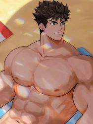 Rule 34 | 1boy, abs, bara, beach, biceps, black hair, frown, full service (mazjojo), gyee, highres, large pectorals, looking to the side, male focus, manly, mature male, muscular, muscular male, nipples, outdoors, pectorals, rald schwarz, solo, spiked hair, teeth, thick arms, thick thighs, thighs, topless male, user gggs3572, yellow eyes
