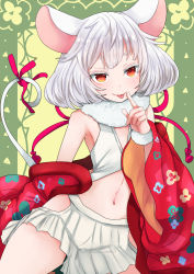 Rule 34 | 1girl, animal ears, bare shoulders, commentary request, flat chest, fur collar, highres, kakan (amka), looking at viewer, medium hair, mouse ears, mouse tail, navel, original, pleated skirt, red eyes, red ribbon, red sleeves, ribbon, skirt, solo, tail, tail ornament, tail ribbon, tongue, tongue out, white hair, white skirt, wide sleeves