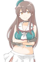 1girl ahoge akagi_(kancolle) akara_kai black_gloves breasts brown_eyes brown_hair choukai_(kancolle) choukai_kai_ni_(kancolle) choukai_kai_ni_(kancolle)_(cosplay) cosplay crossed_arms glasses gloves green_shirt hat highres kantai_collection large_breasts long_hair looking_at_viewer midriff mini_hat navel pleated_skirt shirt skirt sleeveless sleeveless_shirt smile solo upper_body white_background white_skirt