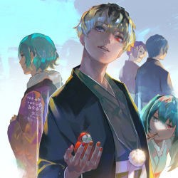 Rule 34 | 2boys, 3girls, alternate costume, blue eyes, closed mouth, commentary request, floral print, food, from behind, fur collar, gradient background, green background, green hair, grey background, grey eyes, heterochromia, highres, holding, in mouth, japanese clothes, kanae von rosewald, kimono, kirishima touka, kyuuba melo, long sleeves, looking at another, multiple boys, multiple girls, nail polish, red eyes, red nails, sasaki haise, short hair, smile, teeth, tokyo ghoul, tokyo ghoul:re, tsukiyama shuu, upper teeth only, yonebayashi saiko
