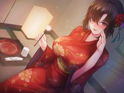 Rule 34 | 1girl, blush, breasts, brown eyes, brown hair, flower, hair flower, hair ornament, japanese clothes, kimono, lap pillow invitation, large breasts, long hair, mimikaki, open mouth, original, rebe11, red flower, red kimono, solo